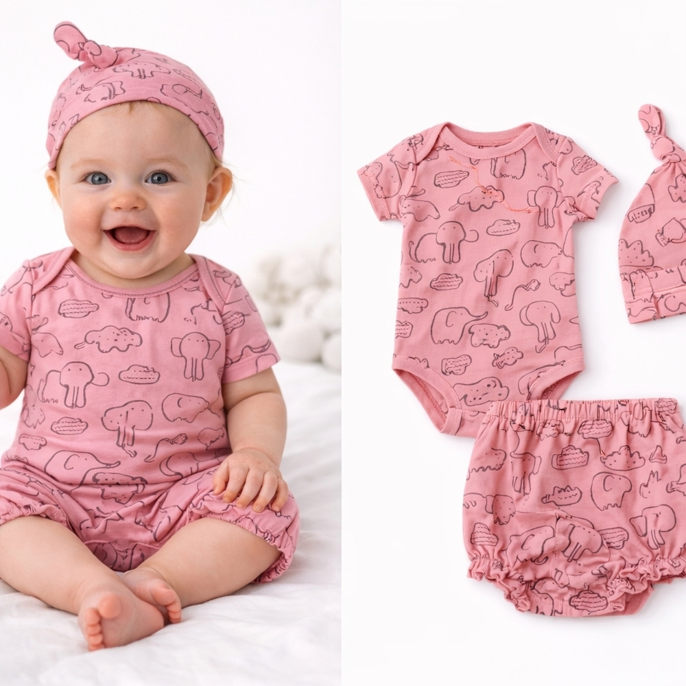 Sterling Baby Organic 3 Piece Newborn Set Elephant Printed Hat Onesie and Shorts